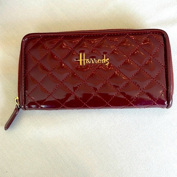 Harrods London Burgundy Purple Patent Leather Zip Around Clutch Wallet - Picture 1 of 7